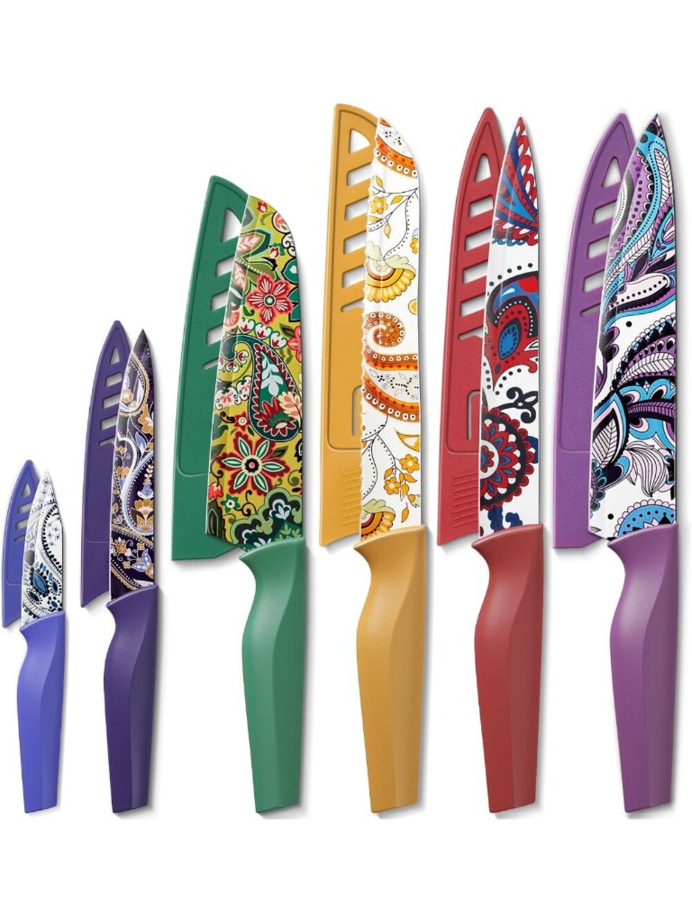 Paisley Pattern Kitchen Knife Set with Protective Cover - 6-Piece Cutlery Set